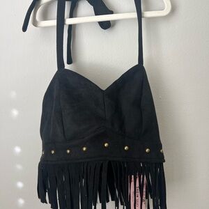 SHEIN Black Fringe Halter Top with Gold Accents